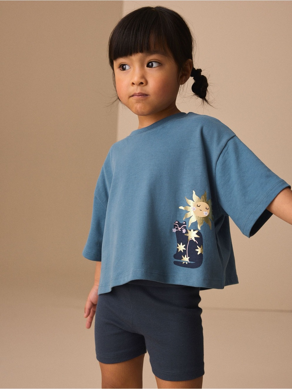 Next Blue Short Sleeve T-Shirt and Shorts Set Size 1 1/2-2 years Cat Sun Graphic